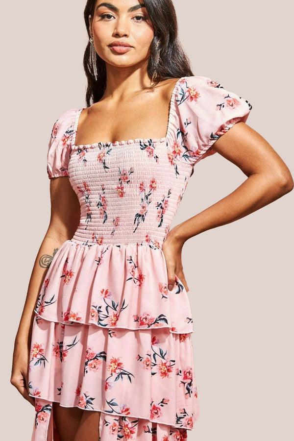 Goddiva Layered Dipped Hem Floral Maxi - Peach By Goddiva