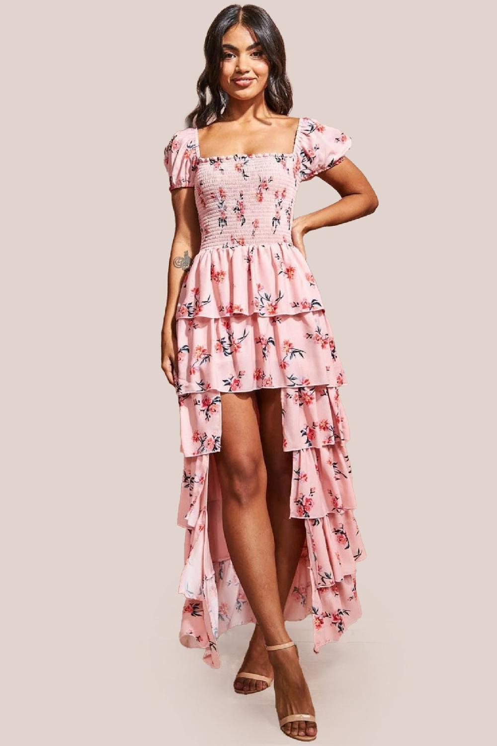 goddiva Layered Dipped Hem Floral Maxi - Peach by Goddiva
