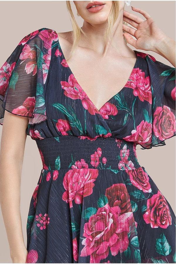 Goddiva Layered Floral Midi Flutter Sleeves - Blackfloral By Goddiva