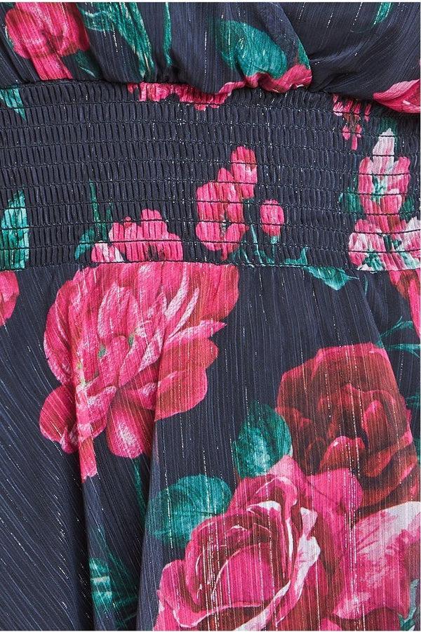 Goddiva Layered Floral Midi Flutter Sleeves - Blackfloral By Goddiva