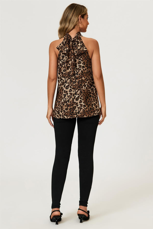Goddiva Leopard Print Foil Halter Neck Tie Back Top In Brown By FS Collection