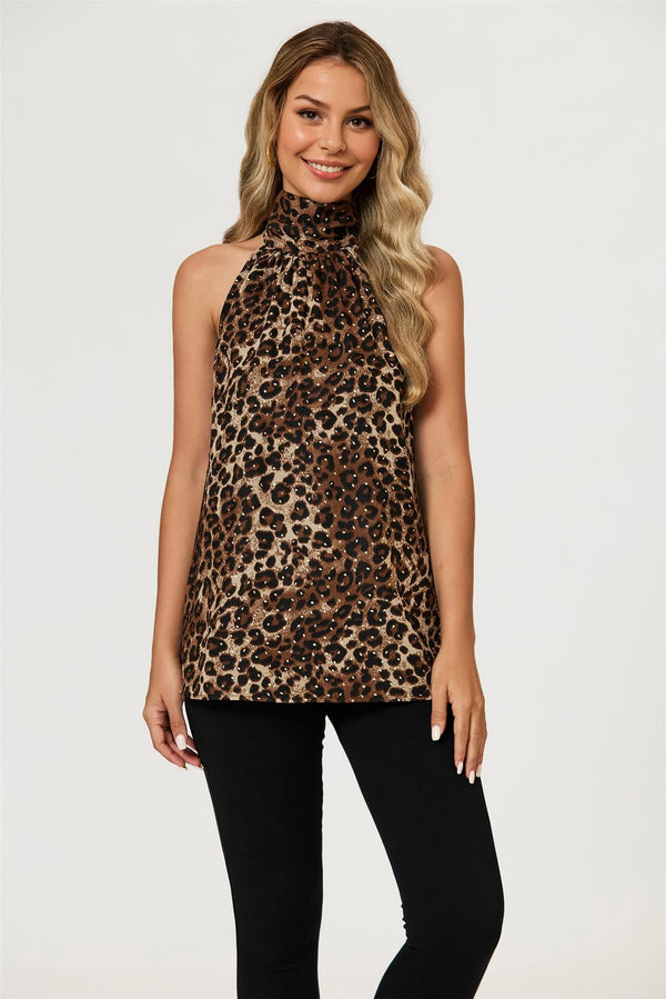 Goddiva Leopard Print Foil Halter Neck Tie Back Top In Brown By FS Collection
