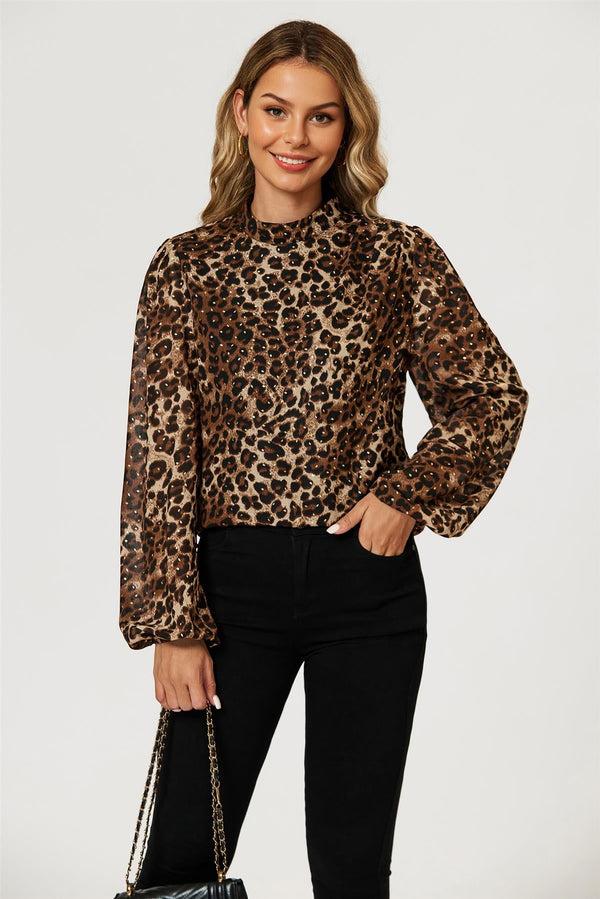 Goddiva Leopard Print Foil Long Sleeve High Neck Top In Brown By FS Collection