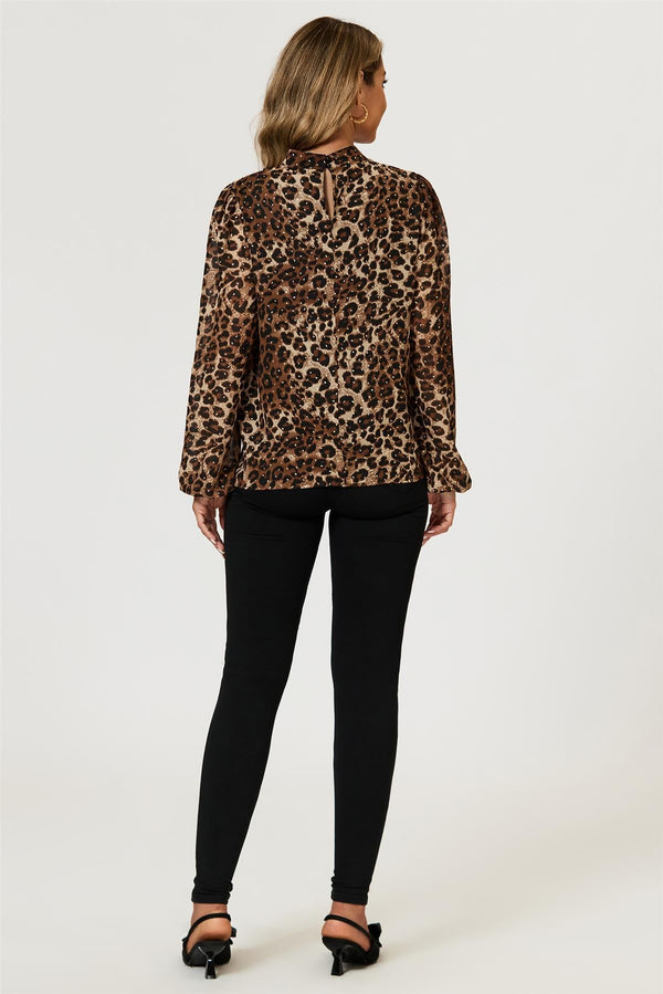 Goddiva Leopard Print Foil Long Sleeve High Neck Top In Brown By FS Collection