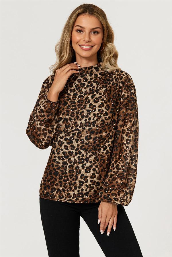 Goddiva Leopard Print Foil Long Sleeve High Neck Top In Brown By FS Collection