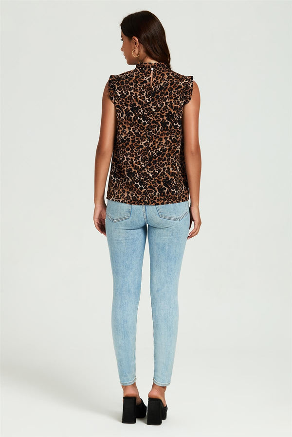 Goddiva Leopard Print Frill Trim Sleeve Frill Neck Blouse Top In Brown By FS Collection