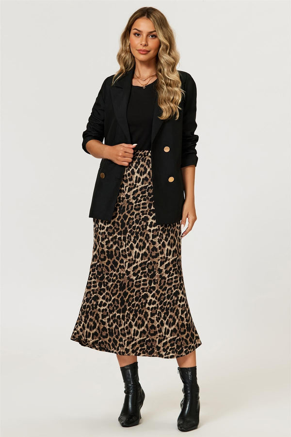 Goddiva Leopard Print Satin Midi Skirt In Brown By FS Collection