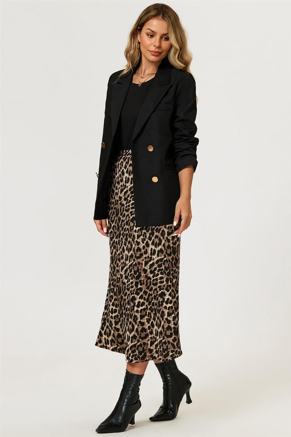 Goddiva Leopard Print Satin Midi Skirt In Brown By FS Collection