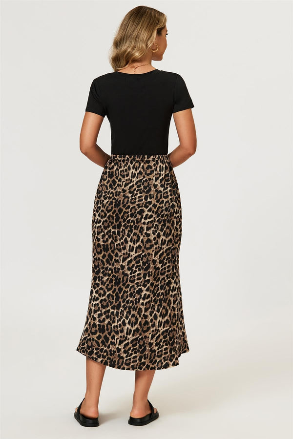 Goddiva Leopard Print Satin Midi Skirt In Brown By FS Collection