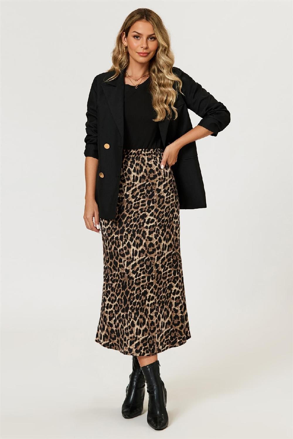 goddiva Leopard Print Satin Midi Skirt In Brown by FS Collection