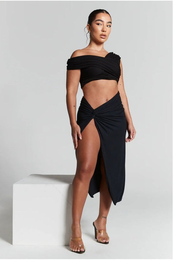 Goddiva Lexi Black Ruched Knot Midi Skirt By InFlair