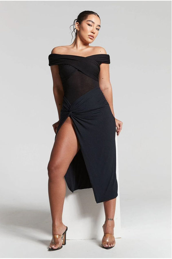 Goddiva Lexi Black Ruched Knot Midi Skirt By InFlair