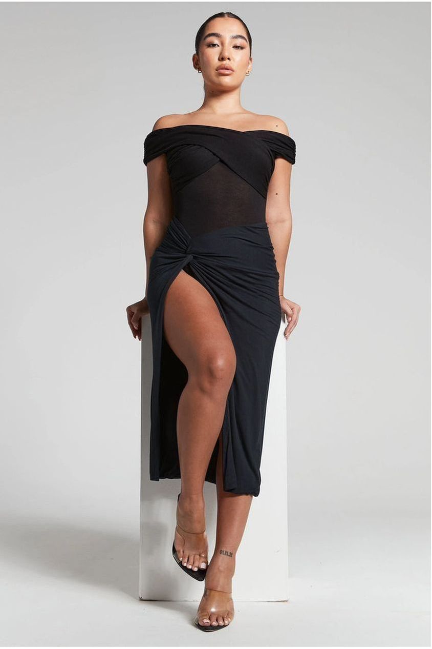 goddiva Lexi Black Ruched Knot Midi Skirt by InFlair