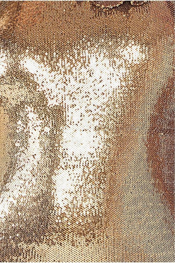 Goddiva Liquid Sequin Halterneck Maxi With Corsage - Gold By Goddiva