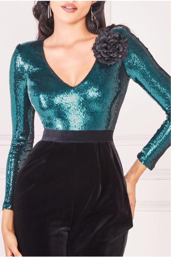 Goddiva Liquid Sequin Jumpsuit With Corsage - Emerald Green By Goddiva