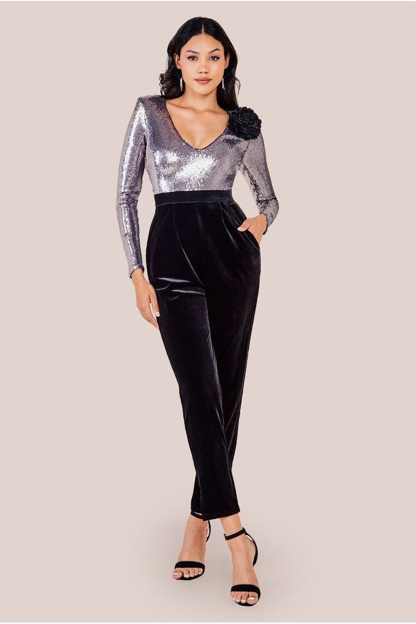 goddiva Liquid Sequin Jumpsuit With Corsage - Silver by Goddiva