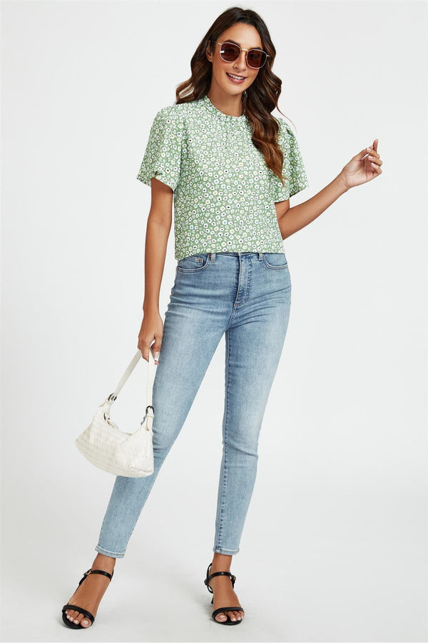 Goddiva Little Floral Print Angle Sleeve High Neck Top Blouse In Green By FS Collection