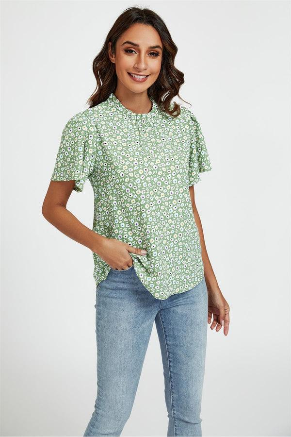 Goddiva Little Floral Print Angle Sleeve High Neck Top Blouse In Green By FS Collection