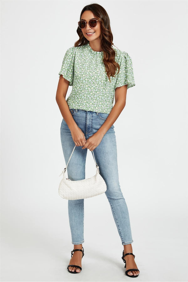 Goddiva Little Floral Print Angle Sleeve High Neck Top Blouse In Green By FS Collection