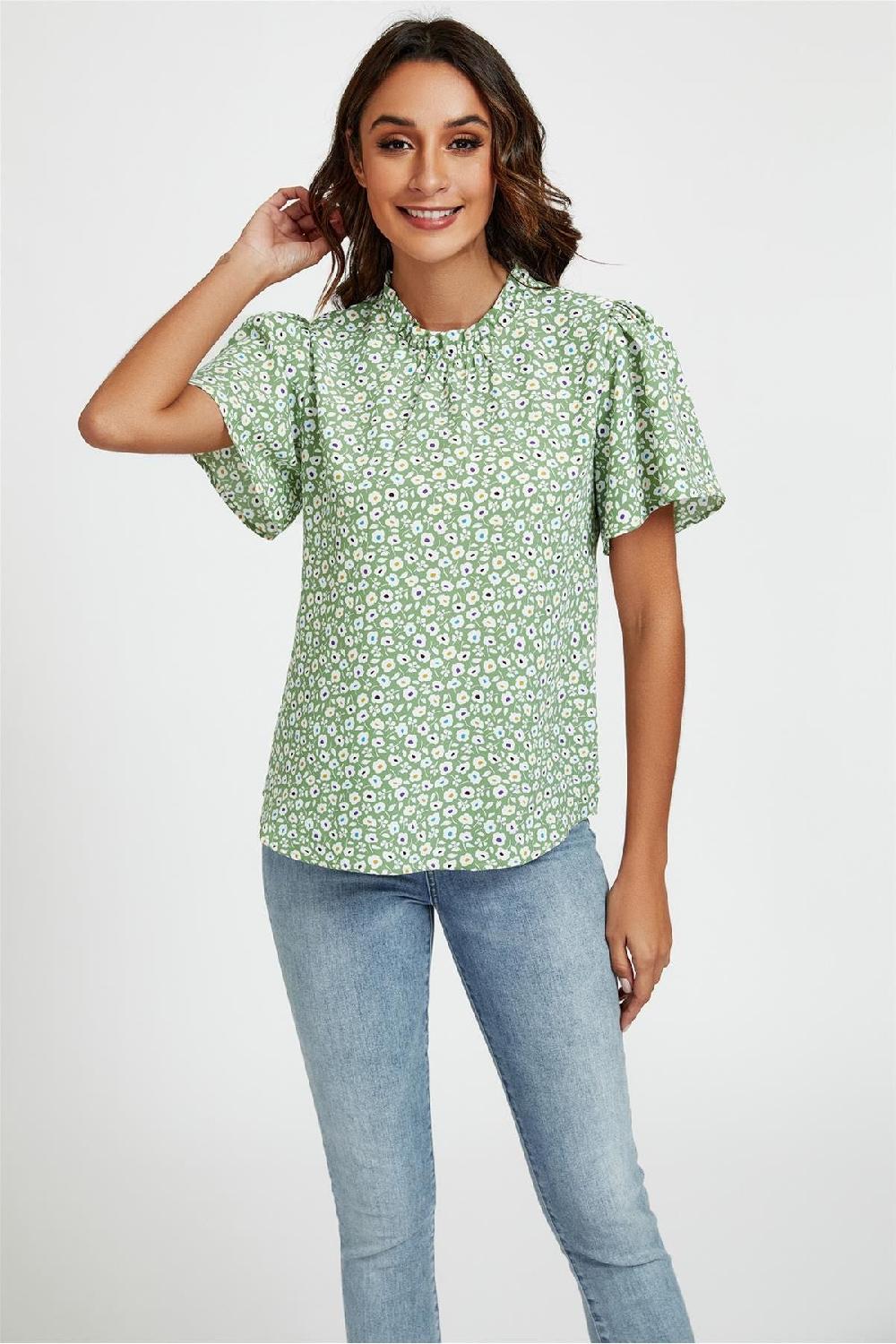 goddiva Little Floral Print Angle Sleeve High Neck Top Blouse In Green by FS Collection
