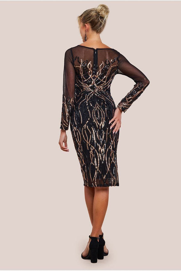 Goddiva Long Sleeve Sequin Flame Midi Dress - Black By Goddiva