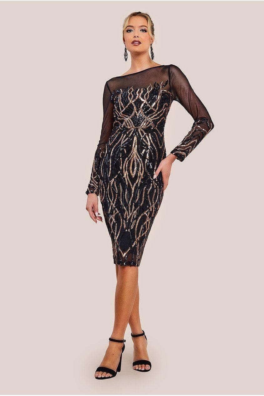 goddiva Long Sleeve Sequin Flame Midi Dress - Black by Goddiva