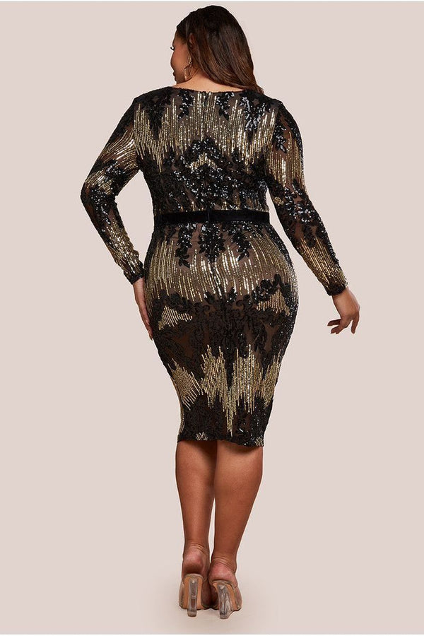 Goddiva Long Sleeve Sequin Party Midi Dress - Black By Goddiva Plus