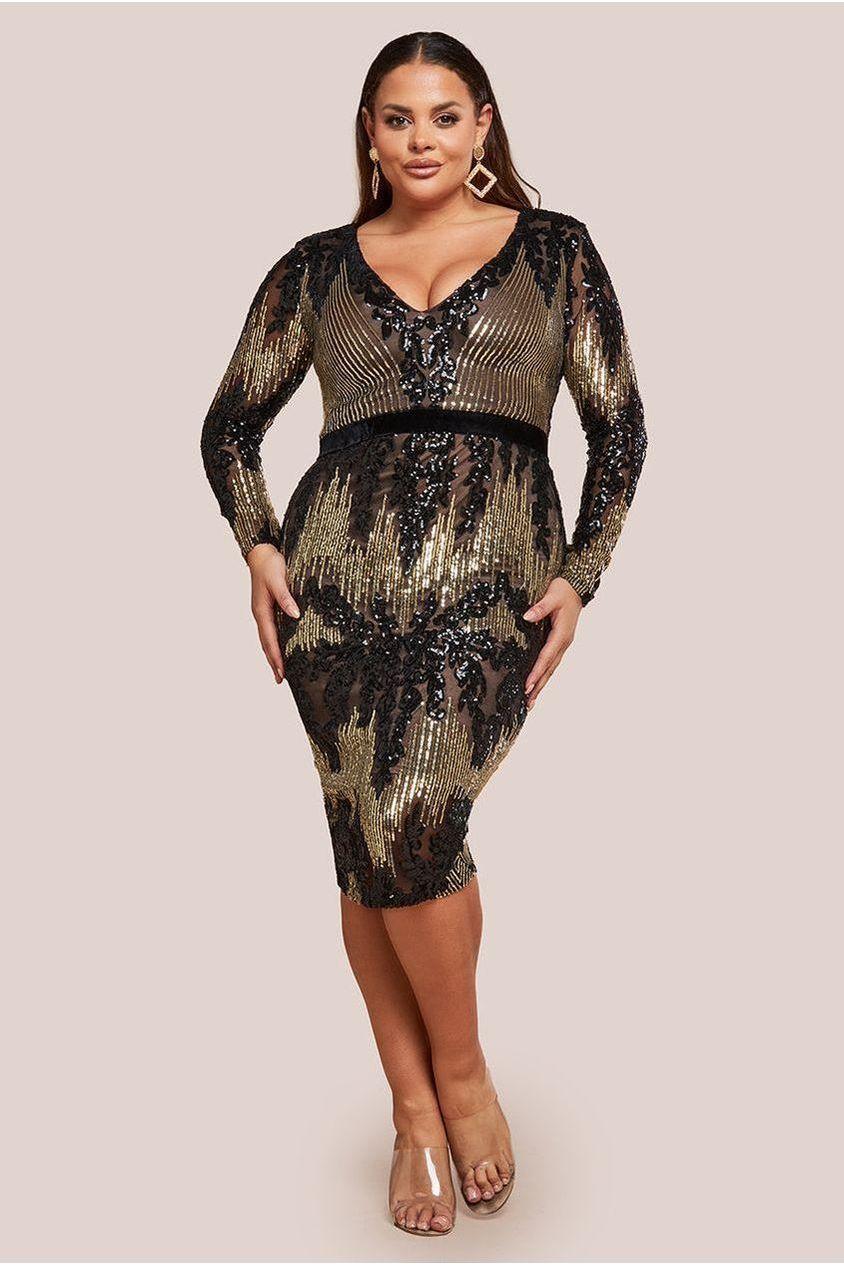 goddiva Long Sleeve Sequin Party Midi Dress - Black by Goddiva Plus