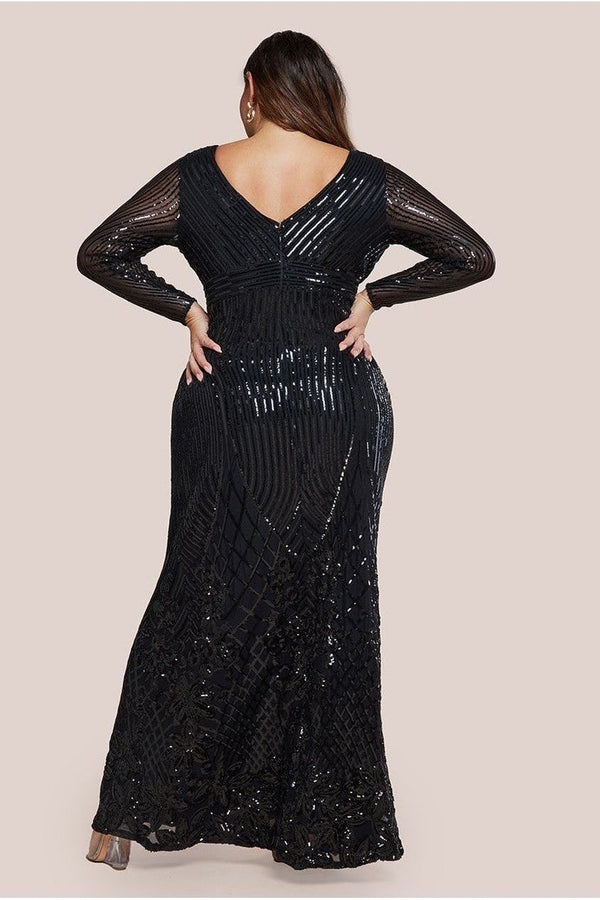 Goddiva Long Sleeve Sequin V Wrap Maxi Dress - Black By Goddiva Plus
