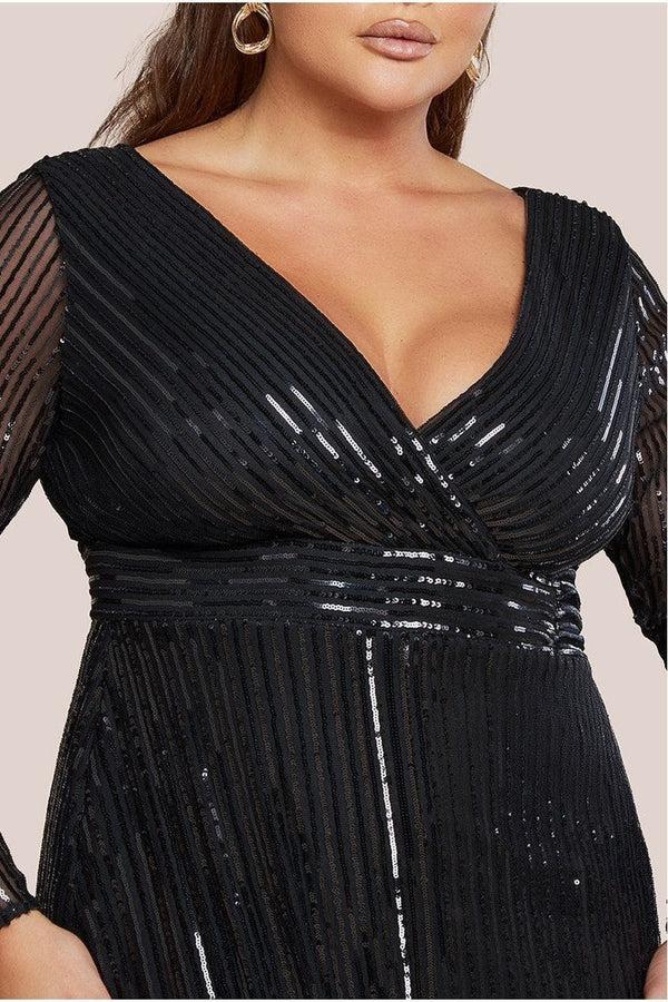 Goddiva Long Sleeve Sequin V Wrap Maxi Dress - Black By Goddiva Plus