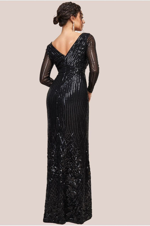 Goddiva Long Sleeve Sequin V Wrap Maxi Dress - Black By Goddiva