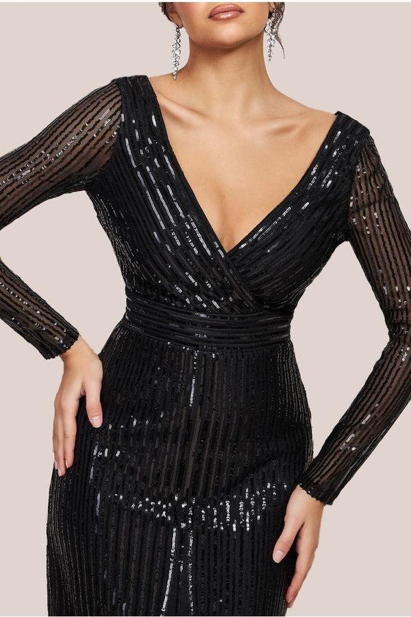 Goddiva Long Sleeve Sequin V Wrap Maxi Dress - Black By Goddiva