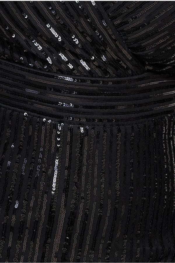 Goddiva Long Sleeve Sequin V Wrap Maxi Dress - Black By Goddiva