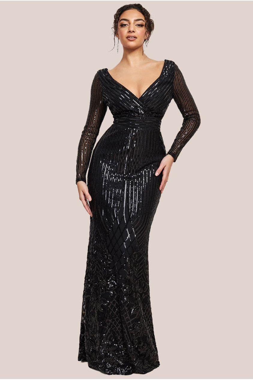 goddiva Long Sleeve Sequin V Wrap Maxi Dress - Black by Goddiva