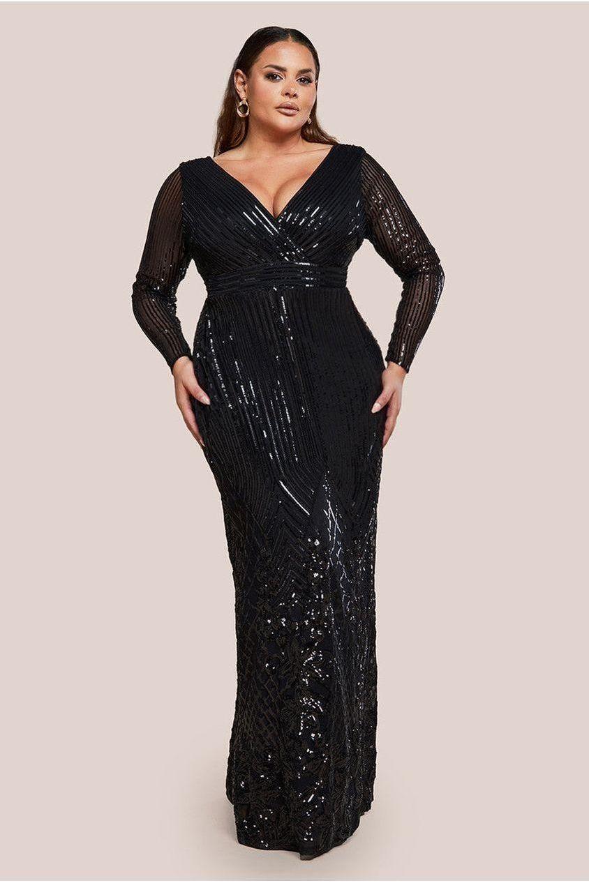 goddiva Long Sleeve Sequin V Wrap Maxi Dress - Black by Goddiva Plus