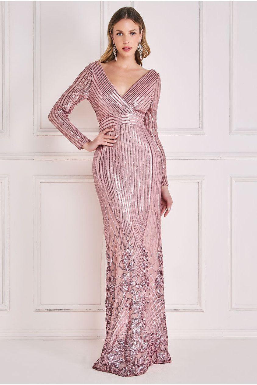 goddiva Long Sleeve Sequin V Wrap Maxi Dress - Blush by Goddiva