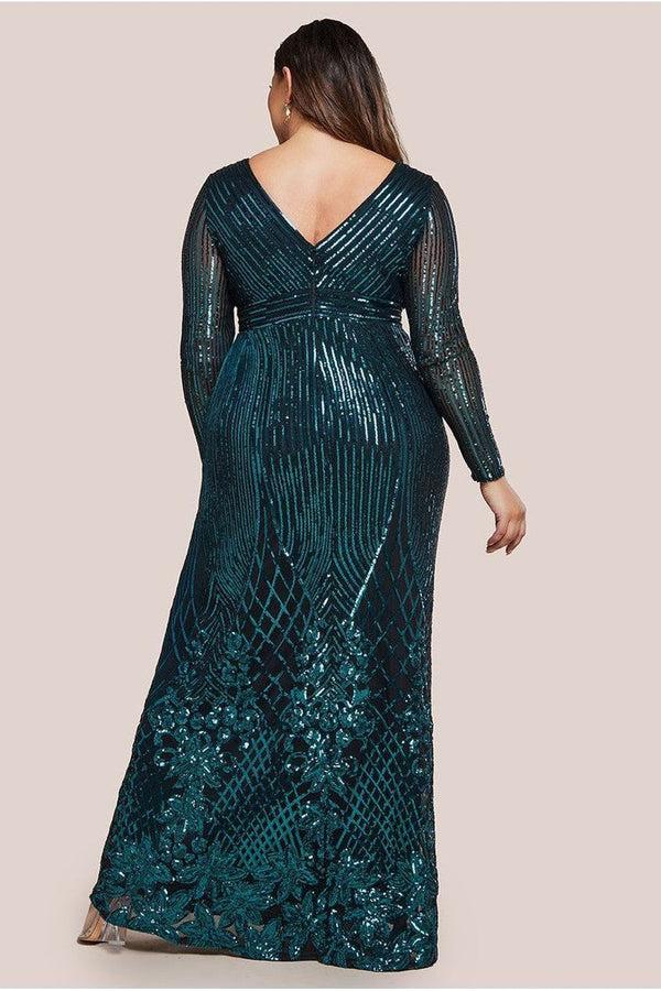 Goddiva Long Sleeve Sequin V Wrap Maxi Dress - Emerald Green By Goddiva Plus