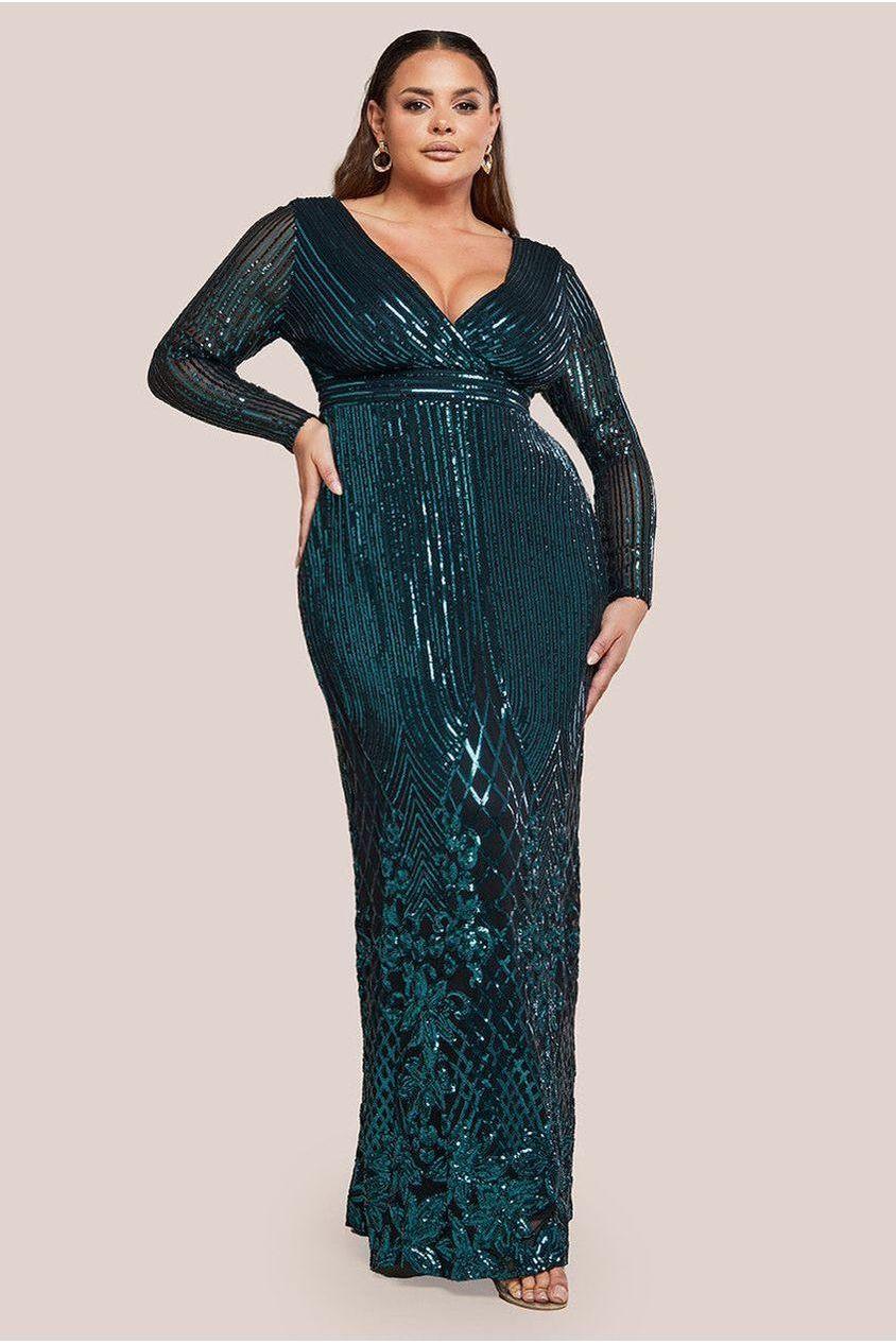 goddiva Long Sleeve Sequin V Wrap Maxi Dress - Emerald Green by Goddiva Plus