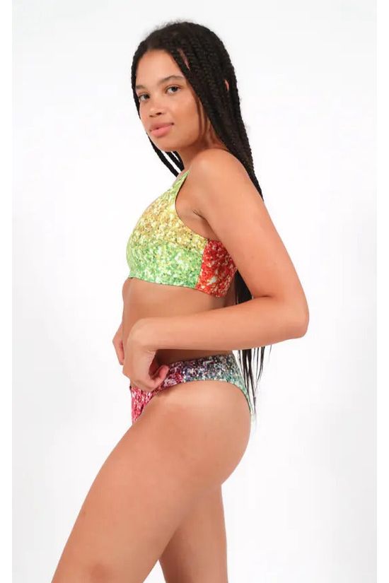 Goddiva Low Rise Bikini Bottoms In Rainbow Glitter Print By Maribela