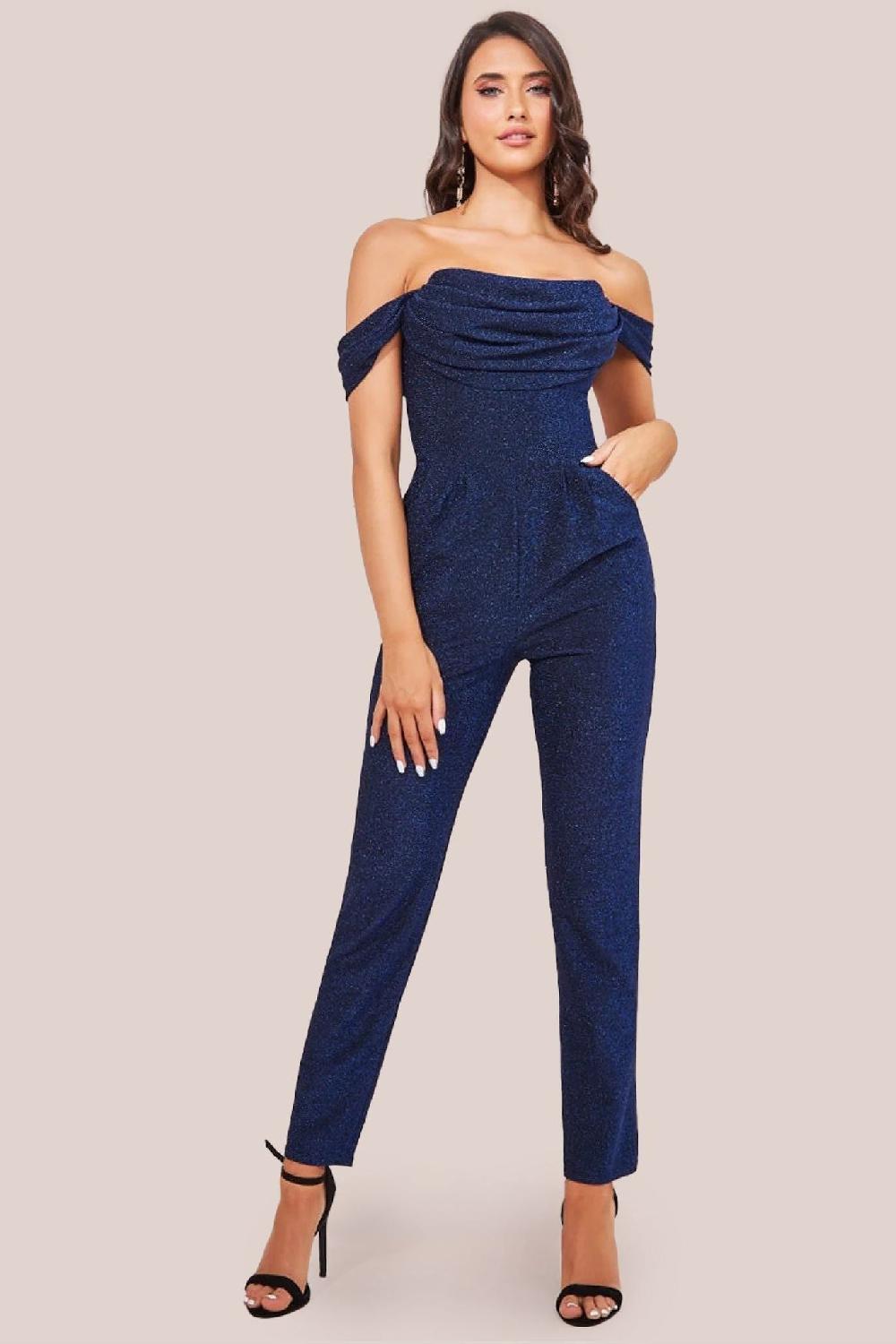 goddiva Lurex Cowl Neck Jumpsuit - Royalblue by Goddiva