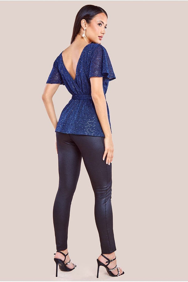Goddiva Lurex Flutter Sleeve Wrap Top - Navy By Goddiva
