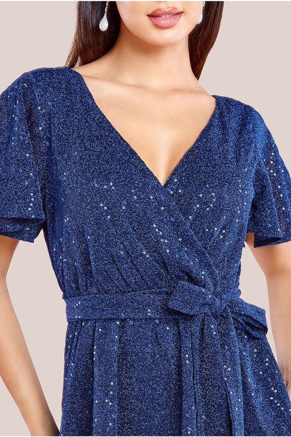 Goddiva Lurex Flutter Sleeve Wrap Top - Navy By Goddiva