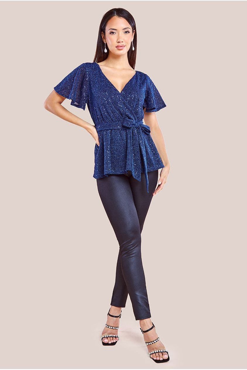 goddiva Lurex Flutter Sleeve Wrap Top - Navy by Goddiva