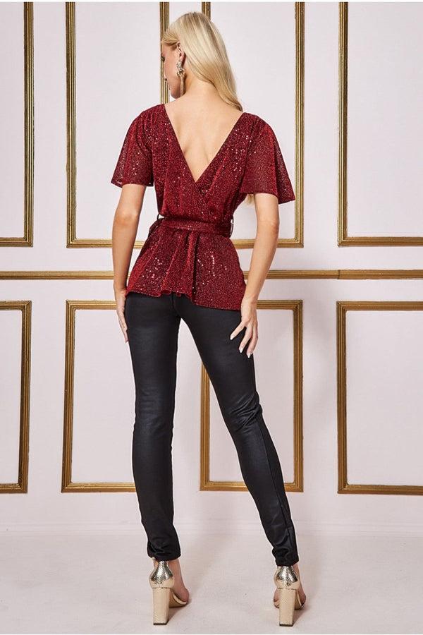 Goddiva Lurex Flutter Sleeve Wrap Top - Wine By Goddiva