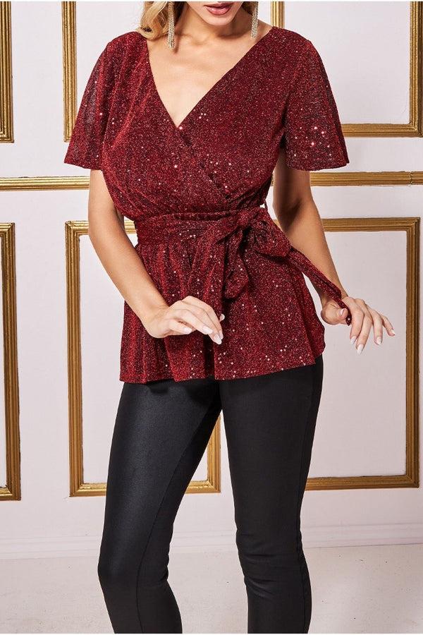 Goddiva Lurex Flutter Sleeve Wrap Top - Wine By Goddiva