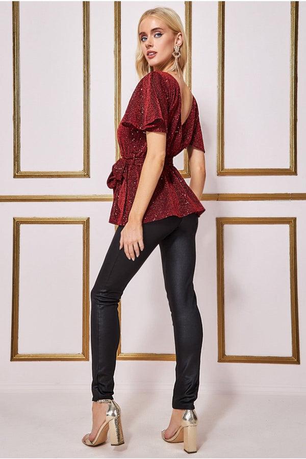 Goddiva Lurex Flutter Sleeve Wrap Top - Wine By Goddiva