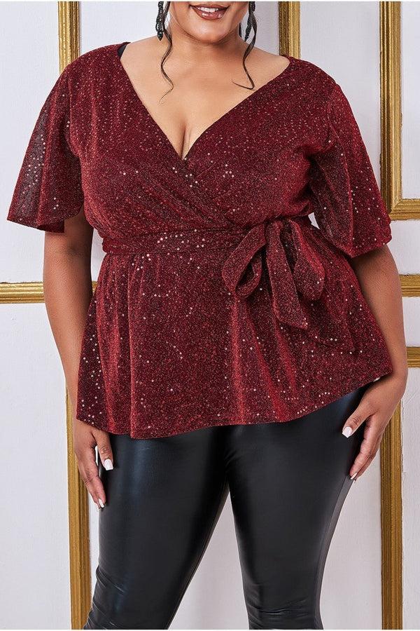 Goddiva Lurex Flutter Sleeve Wrap Top - Wine By Goddiva Plus