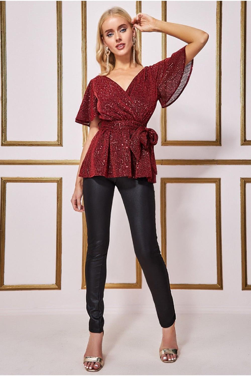 goddiva Lurex Flutter Sleeve Wrap Top - Wine by Goddiva