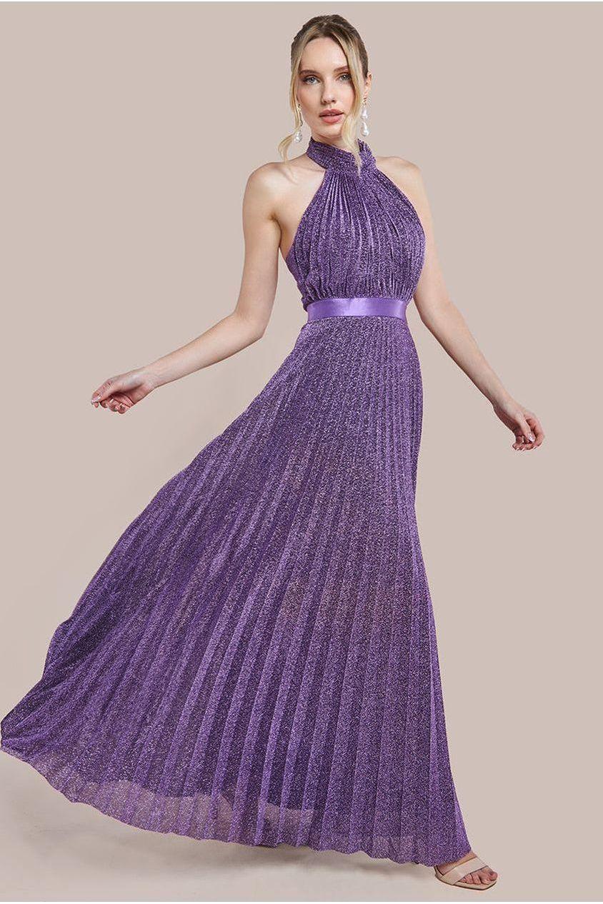 goddiva Lurex Halterneck Pleated Maxi Dress - Purple by Goddiva