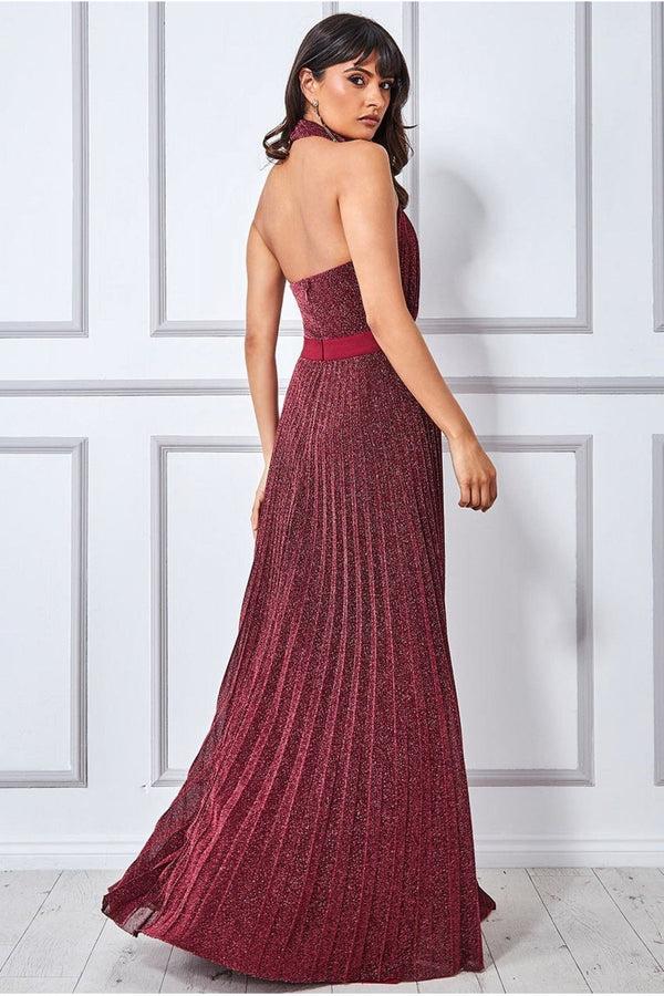 Goddiva Lurex Halterneck Pleated Maxi Dress - Wine By Goddiva